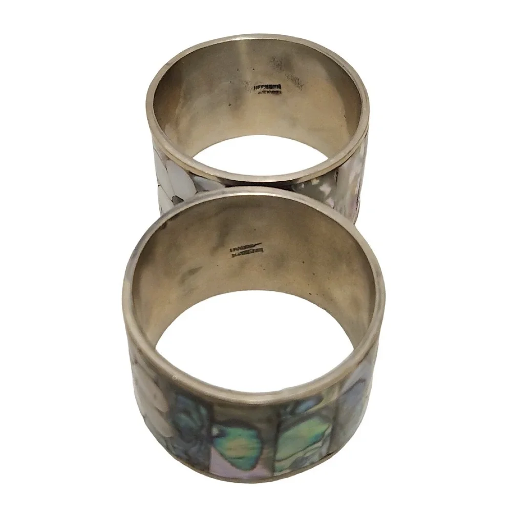 VINTAGE ABALONE Flowers MOTHER OF PEARL NAPKIN RING SET‎ 6 Silver Mexico